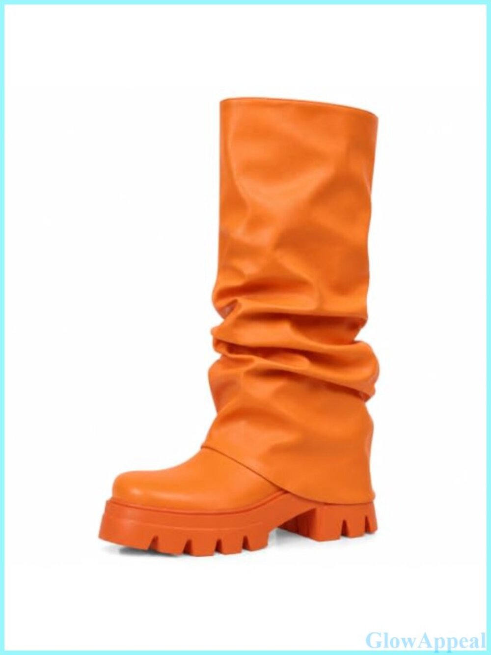 Fold Over Mid Calf Ruched Boots Pull-On Block Heel Leather Water Resistant